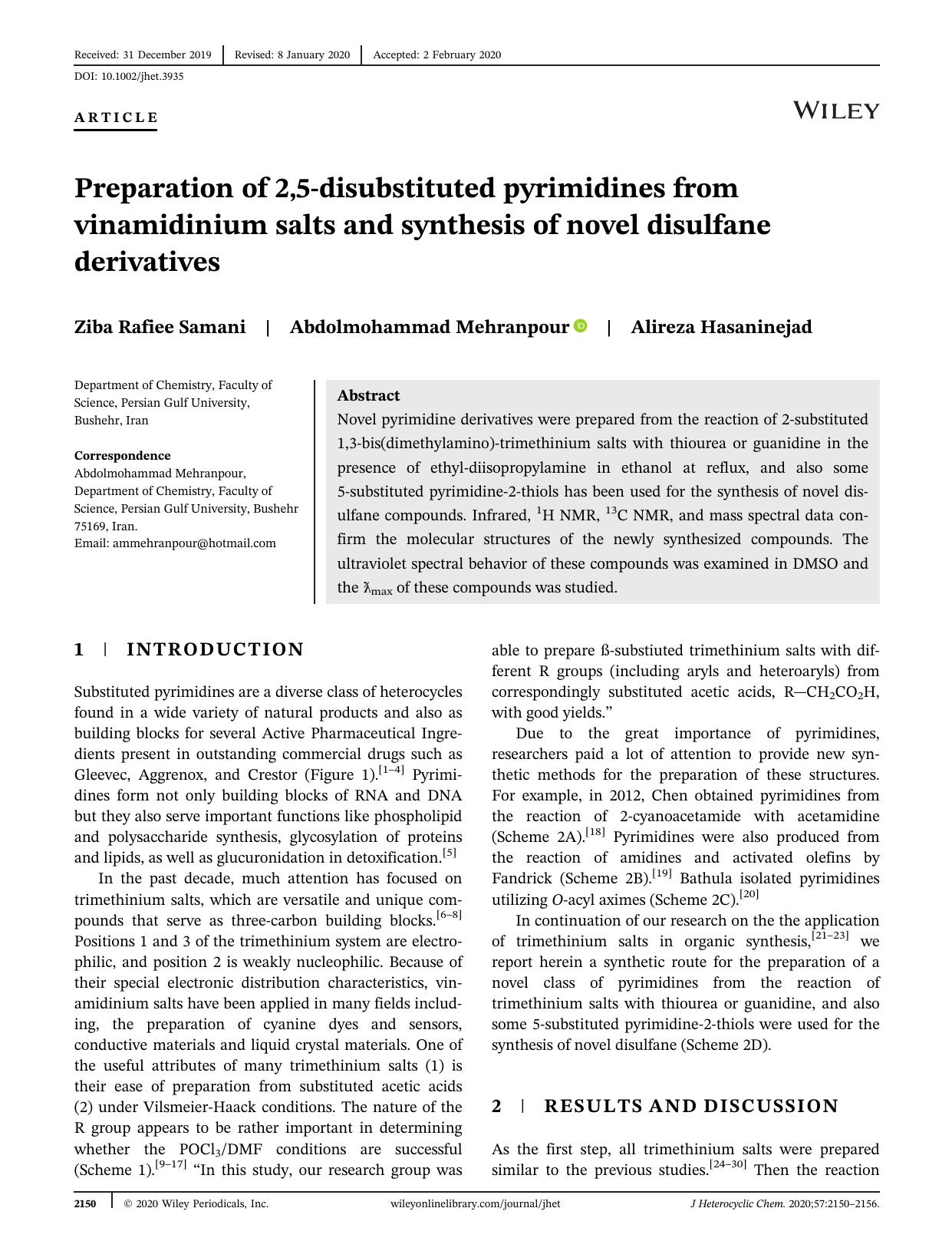 Preparation of 2,5-disubstituted pyrimidines from vinamidinium salts and synthesis of novel disulfane derivatives by Unknown