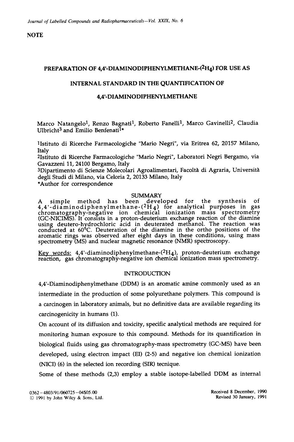Preparation of 4,4[prime]-diaminodiphenylmethane-(2H4) for use as internal standard in the quantification of 4,4[prime]-diaminodiphenylmethane by Unknown