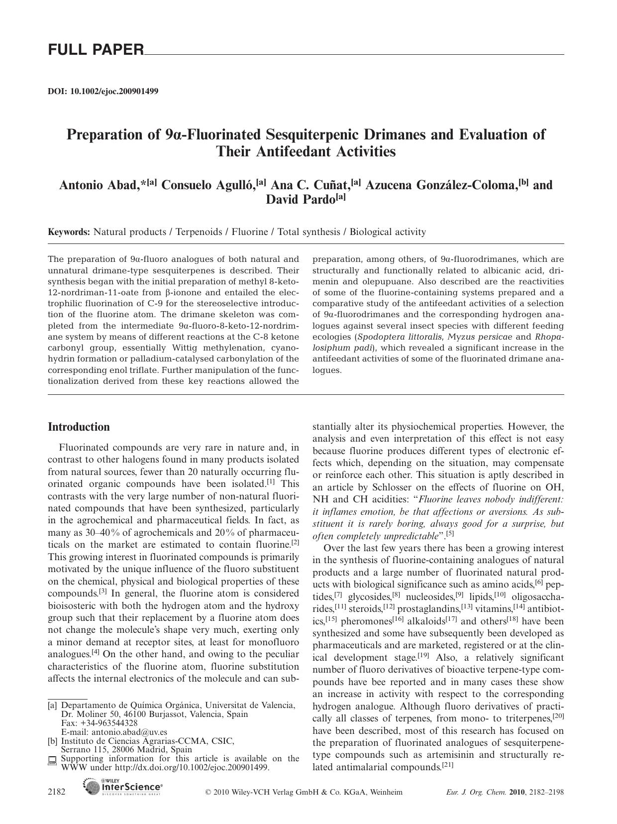 Preparation of 9??Fluorinated Sesquiterpenic Drimanes and Evaluation of Their Antifeedant Activities by Unknown