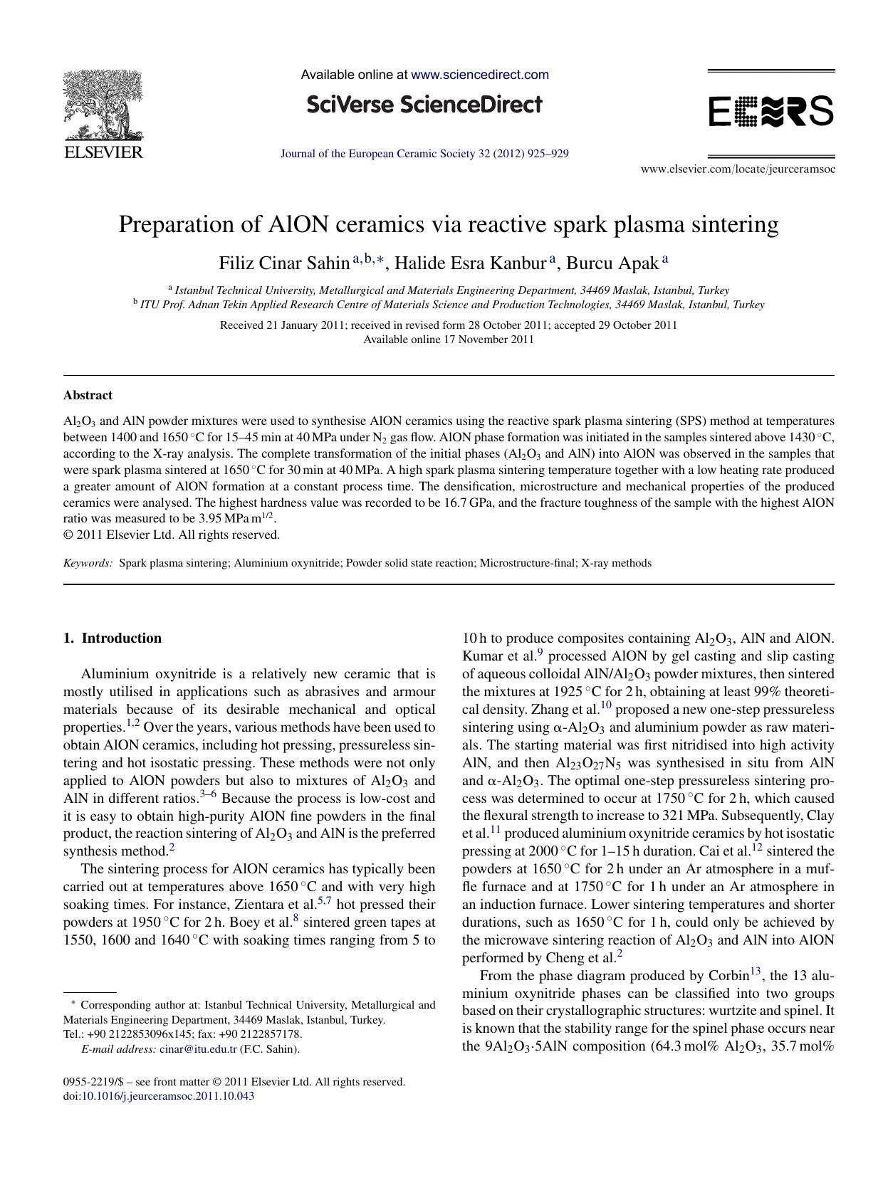 Preparation of AlON ceramics via reactive spark plasma sintering by Filiz Cinar Sahin