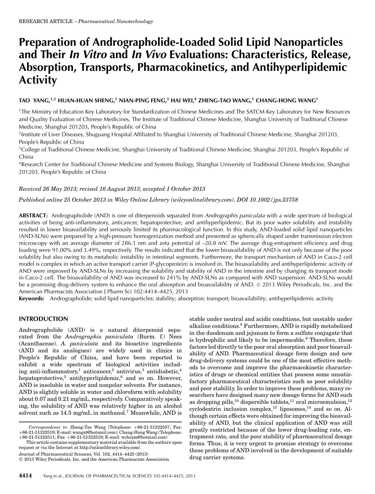 Preparation of AndrographolideLoaded Solid Lipid Nanoparticles and Their In Vitro and In Vivo Evaluations: Characteristics, Release, Absorption, Transports, Pharmacokinetics, and A by Unknown