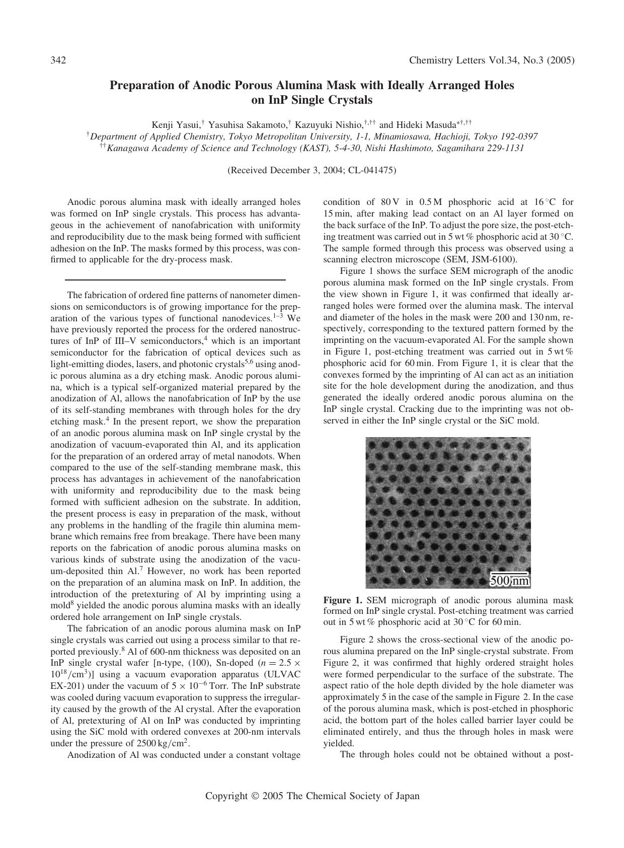 Preparation of Anodic Porous Alumina Mask with Ideally Arranged Holes on InP Single Crystals by Kenji Yasui Yasuhisa Sakamoto Kazuyuki Nishio and Hideki Masuda