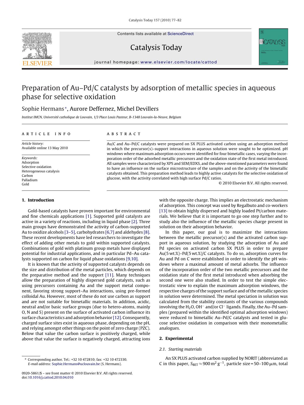 Preparation of AuÃ¢â¬âPdC catalysts by adsorption of metallic species in aqueous phase for selective oxidation by Sophie Hermans