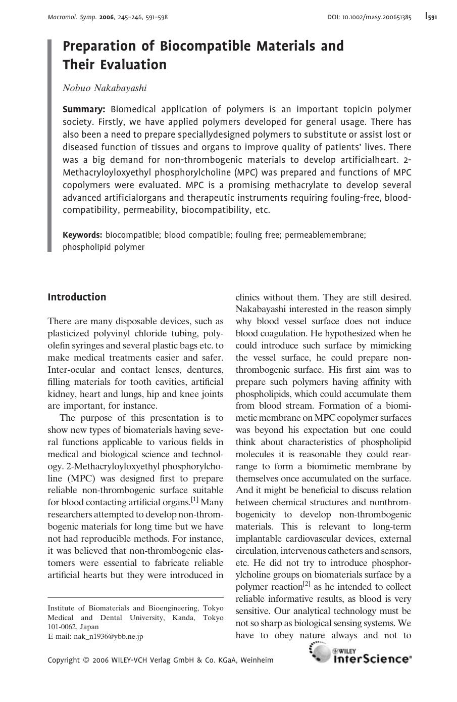 Preparation of Biocompatible Materials and Their Evaluation by Unknown
