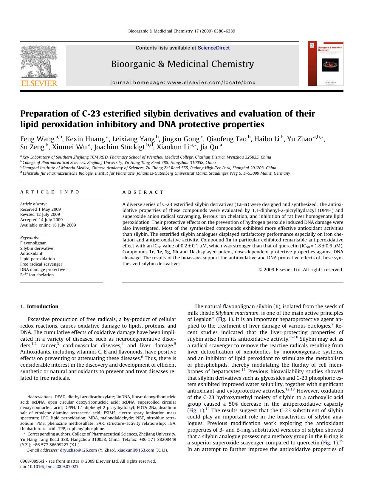 Preparation of C-23 esterified silybin derivatives and evaluation of their lipid peroxidation inhibitory and DNA protective properties by unknow
