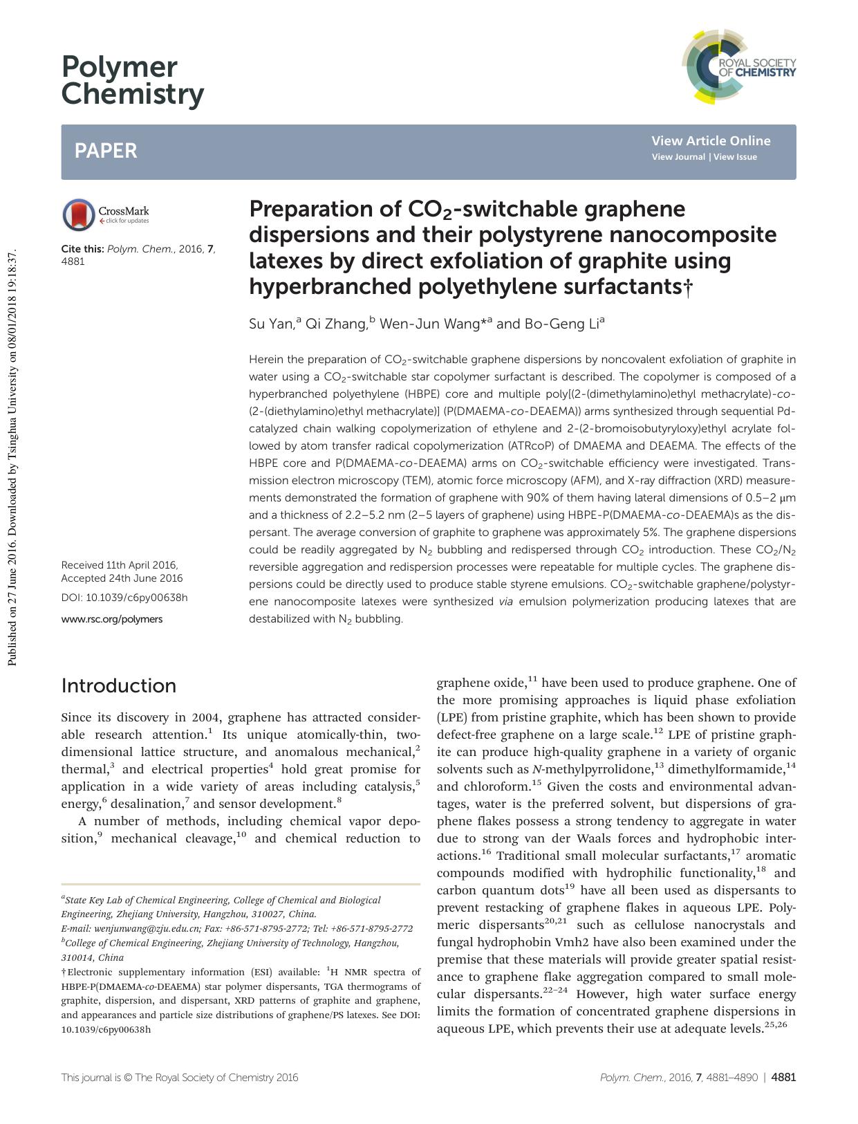 Preparation of CO2-switchable graphene dispersions and their polystyrene nanocomposite latexes by direct exfoliation of graphite using hyperbranched polyethylene surfactants by Su Yan Qi Zhang Wen-Jun Wang Bo-Geng Li