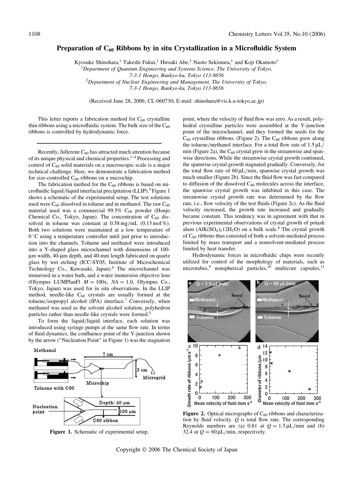 Preparation of C_{60} Ribbons by in situ Crystallization in a Microfluidic System by Kyosuke Shinohara Takeshi Fukui Hiroaki Abe Naoto Sekimura and Koji Okamoto