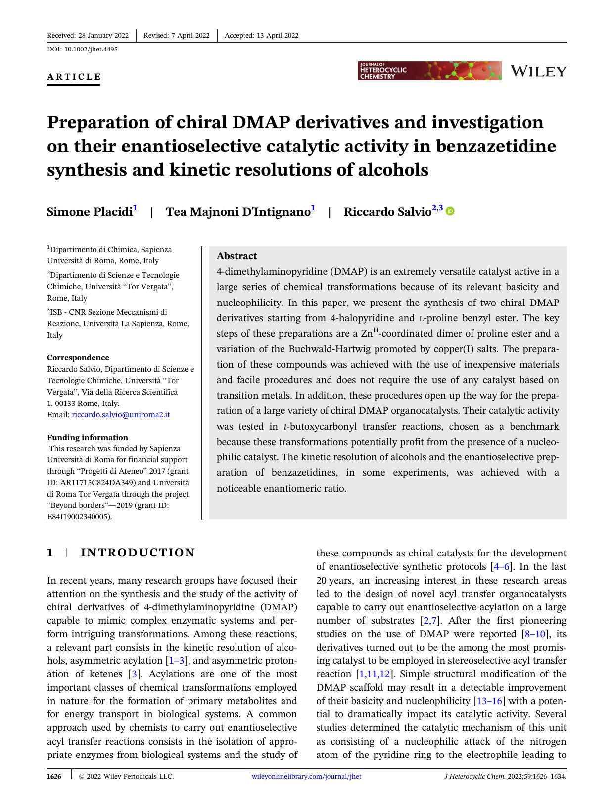 Preparation of Chiral DMAP Derivatives and Investigation on Their Enantioselective Catalytic Activity in Benzazetidine Synthesis and Kinetic Resolutions of Alcohols. by Unknown
