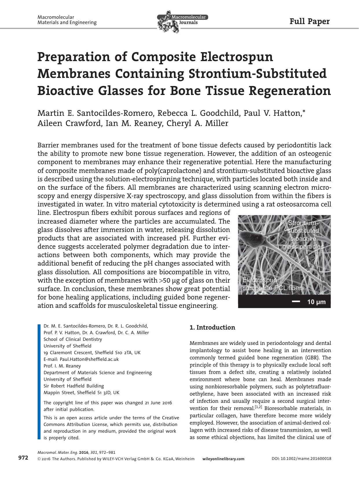 Preparation of Composite Electrospun Membranes Containing Strontium‐Substituted Bioactive Glasses for Bone Tissue Regeneration by Unknown