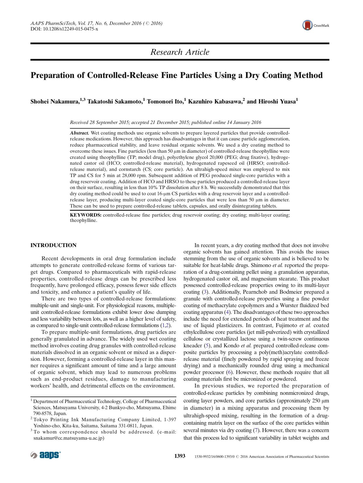 Preparation of Controlled-Release Fine Particles Using a Dry Coating Method by Shohei Nakamura & Takatoshi Sakamoto & Tomonori Ito & Kazuhiro Kabasawa & Hiroshi Yuasa