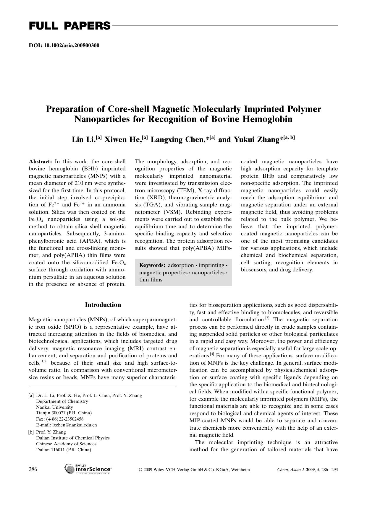 Preparation of Core-shell Magnetic Molecularly Imprinted Polymer Nanoparticles for Recognition of Bovine Hemoglobin by Unknown