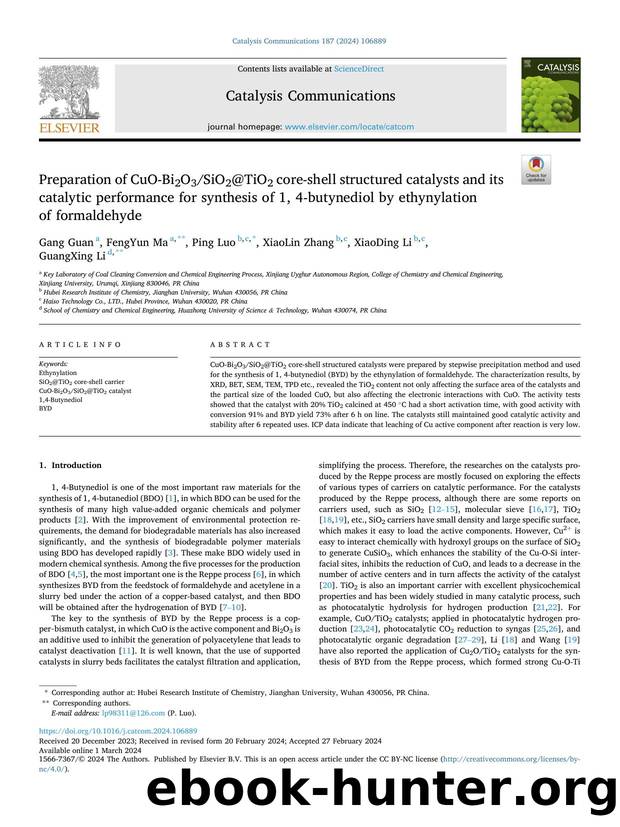 Preparation of CuO-Bi2O3SiO2@TiO2 core-shell structured catalysts and its catalytic performance for synthesis of 1, 4-butynediol by ethynylation of formaldehyde by Gang Guan & FengYun Ma & Ping Luo & XiaoLin Zhang & XiaoDing Li & GuangXing Li