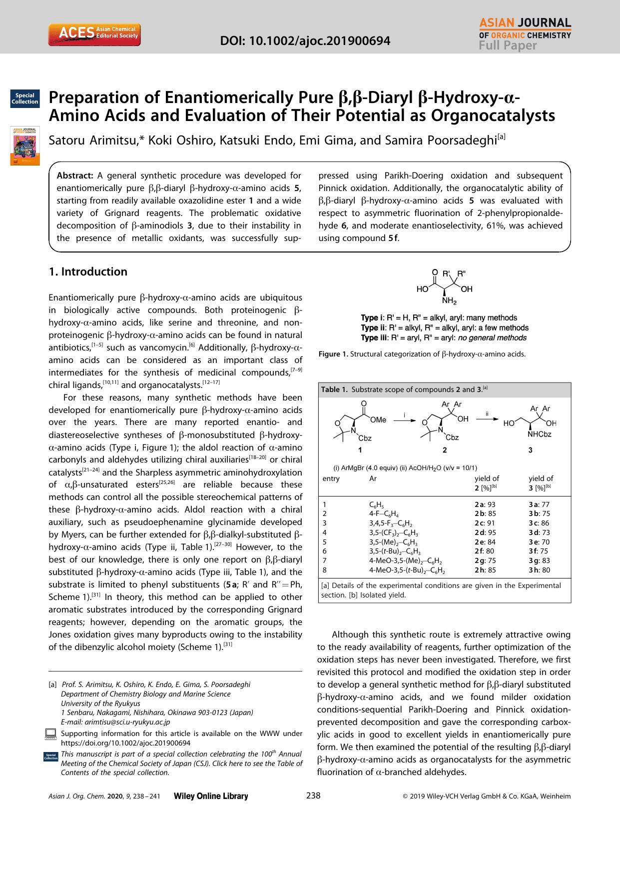 Preparation of Enantiomerically Pure Î²,Î²âDiaryl Î²âHydroxyâÎ±âAmino Acids and Evaluation of Their Potential as Organocatalysts by Unknown