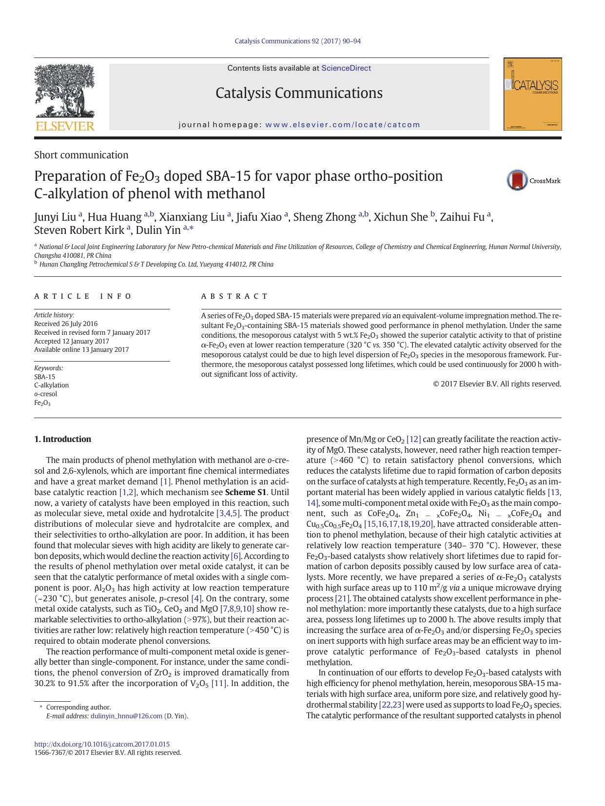 Preparation of Fe2O3 doped SBA-15 for vapor phase ortho-position C-alkylation of phenol with methanol by unknow