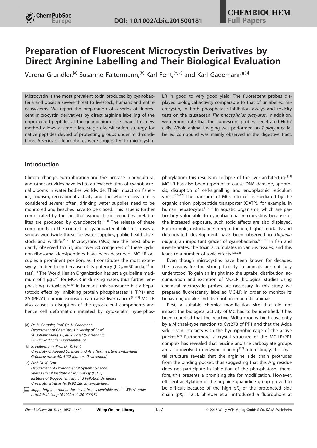Preparation of Fluorescent Microcystin Derivatives by Direct Arginine Labelling and Their Biological Evaluation by Unknown