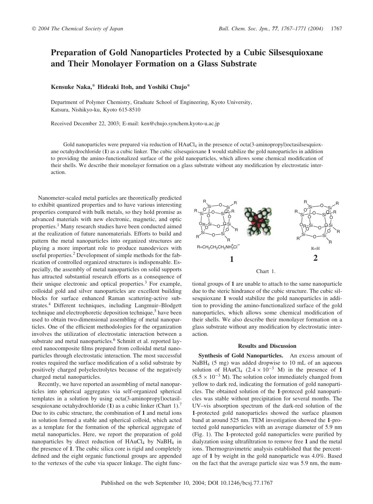 Preparation of Gold Nanoparticles Protected by a Cubic Silsesquioxane and Their Monolayer Formation on a Glass Substrate by Kensuke Naka Hideaki Itoh & Yoshiki Chujo