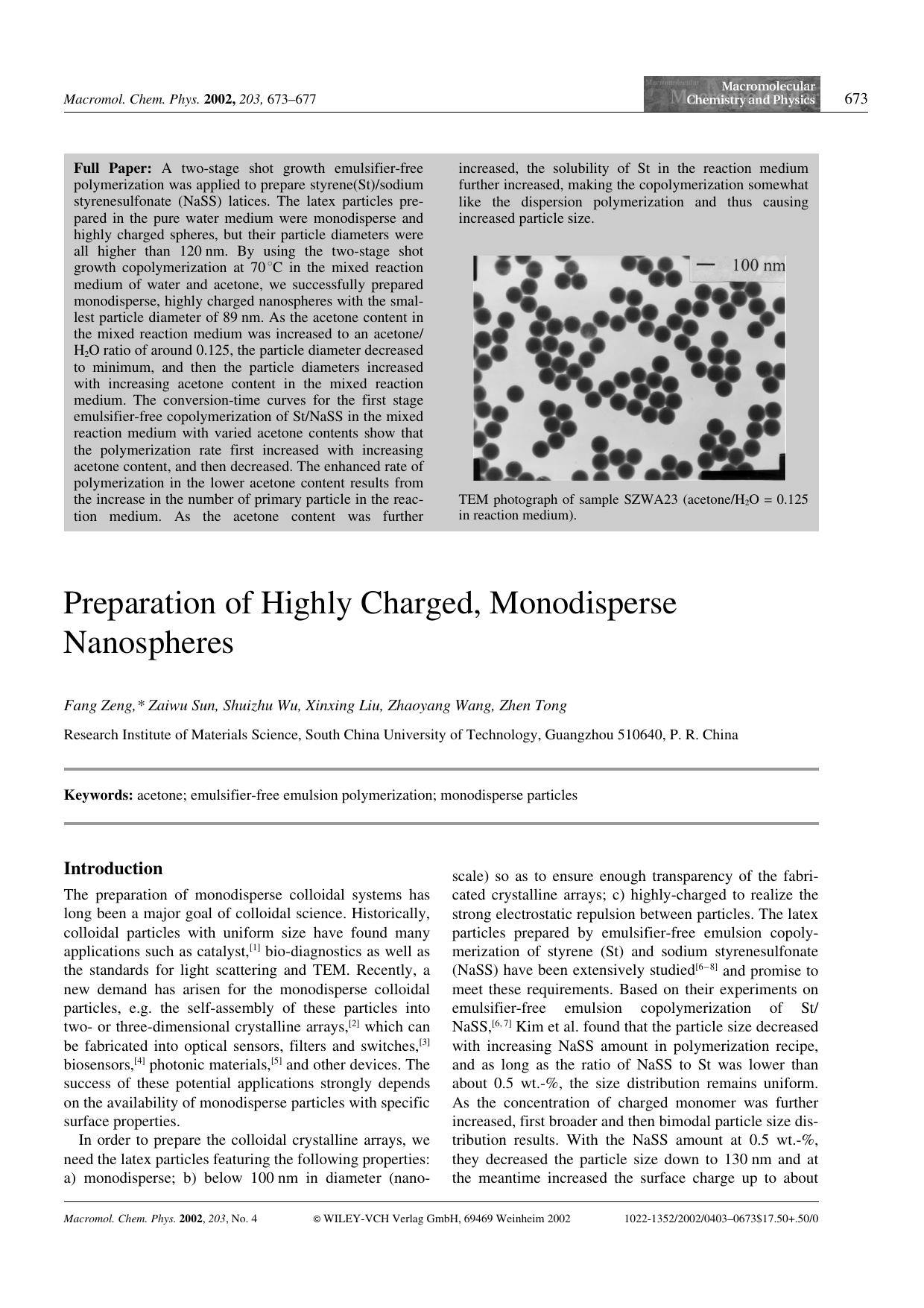 Preparation of Highly Charged, Monodisperse Nanospheres by Unknown