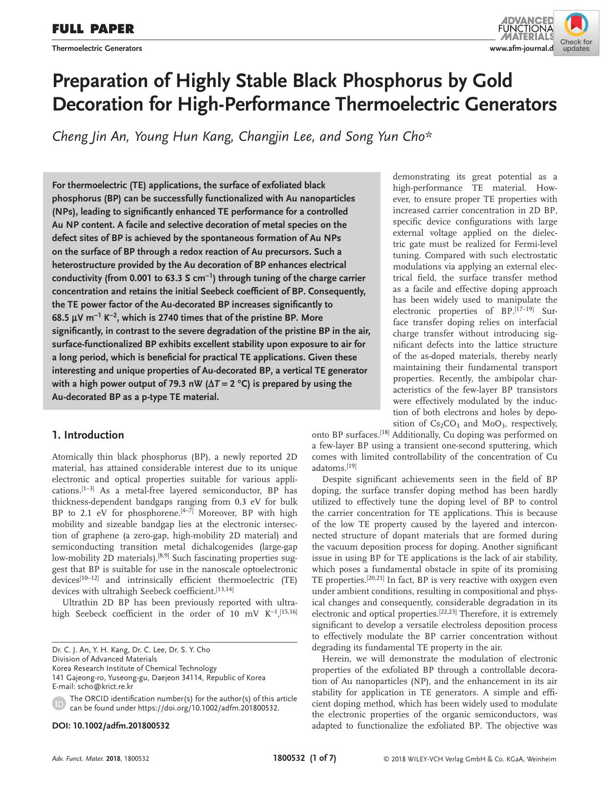 Preparation of Highly Stable Black Phosphorus by Gold Decoration for HighâPerformance Thermoelectric Generators by Unknown