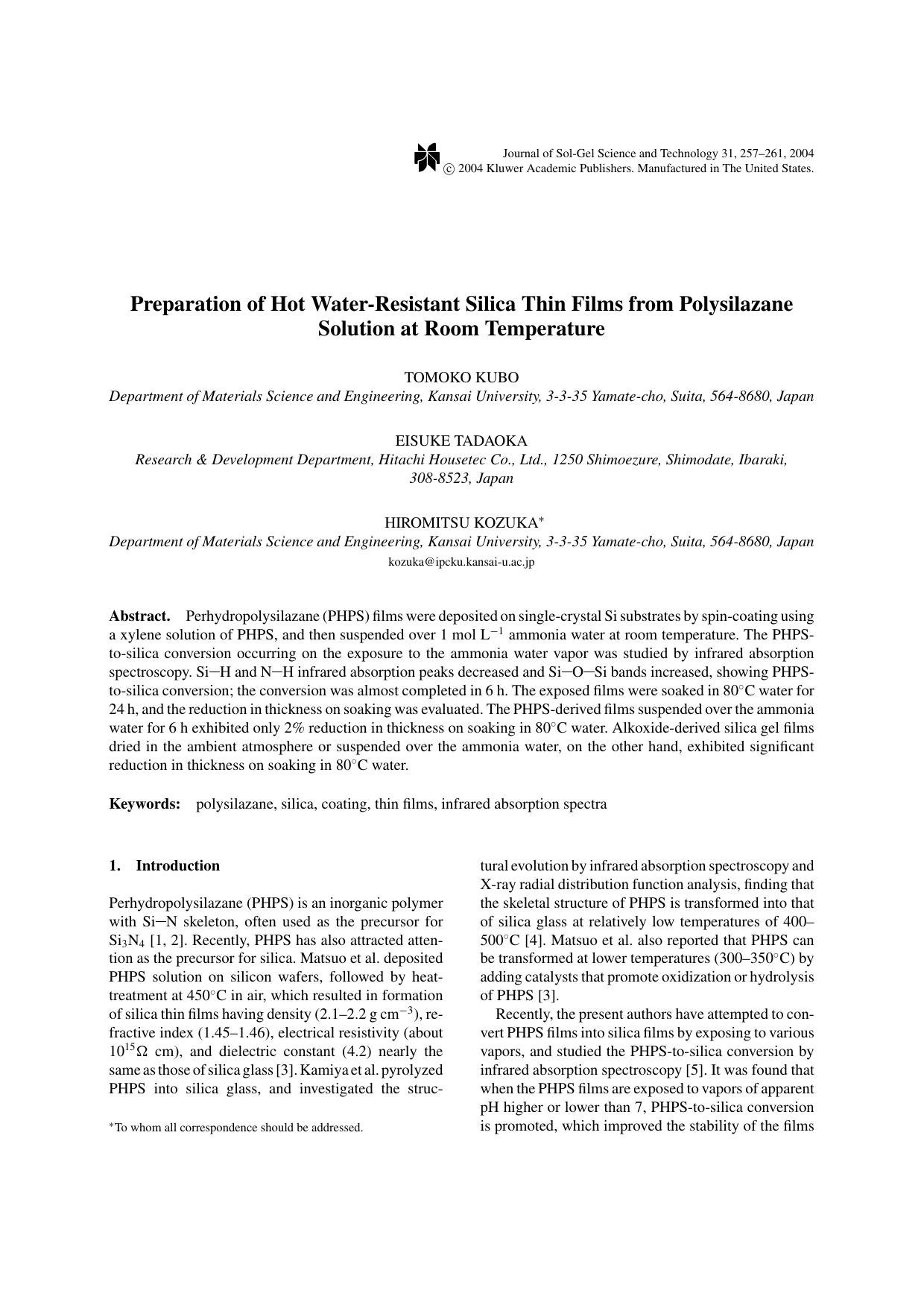 Preparation of Hot Water-Resistant Silica Thin Films from Polysilazane Solution at Room Temperature by Unknown