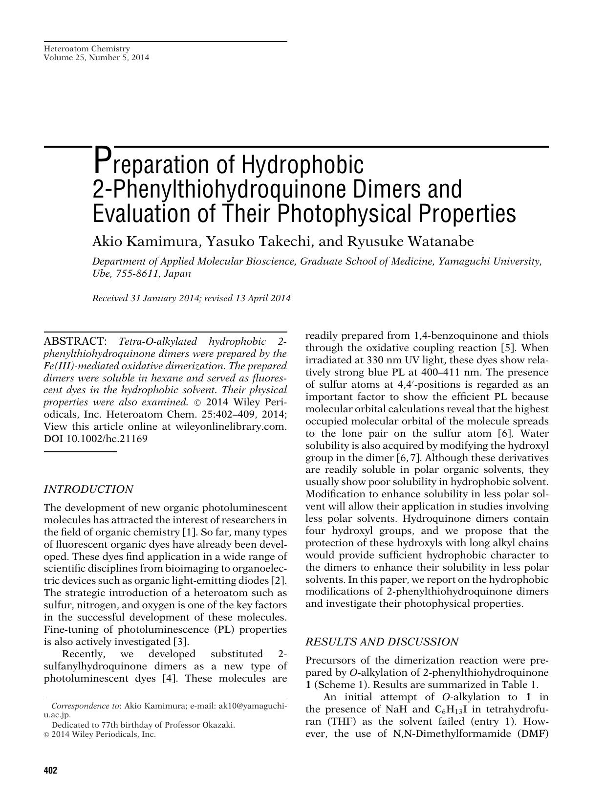 Preparation of Hydrophobic 2‐Phenylthiohydroquinone Dimers and Evaluation of Their Photophysical Properties by Unknown