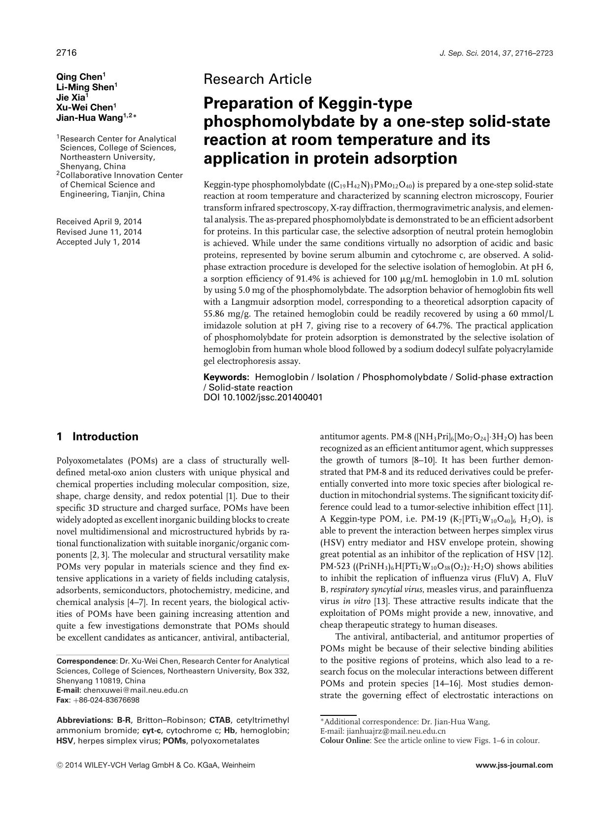 Preparation of Keggin&#x02010;type phosphomolybdate by a one&#x02010;step solid&#x02010;state reaction at room temperature and its application in protein adsorption by Unknown