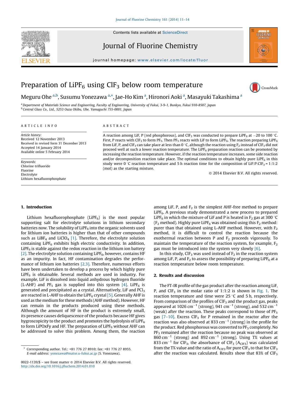 Preparation of LiPF6 using ClF3 below room temperature by Meguru Ohe & Susumu Yonezawa & Jae-Ho Kim & Hironori Aoki & Masayuki Takashima