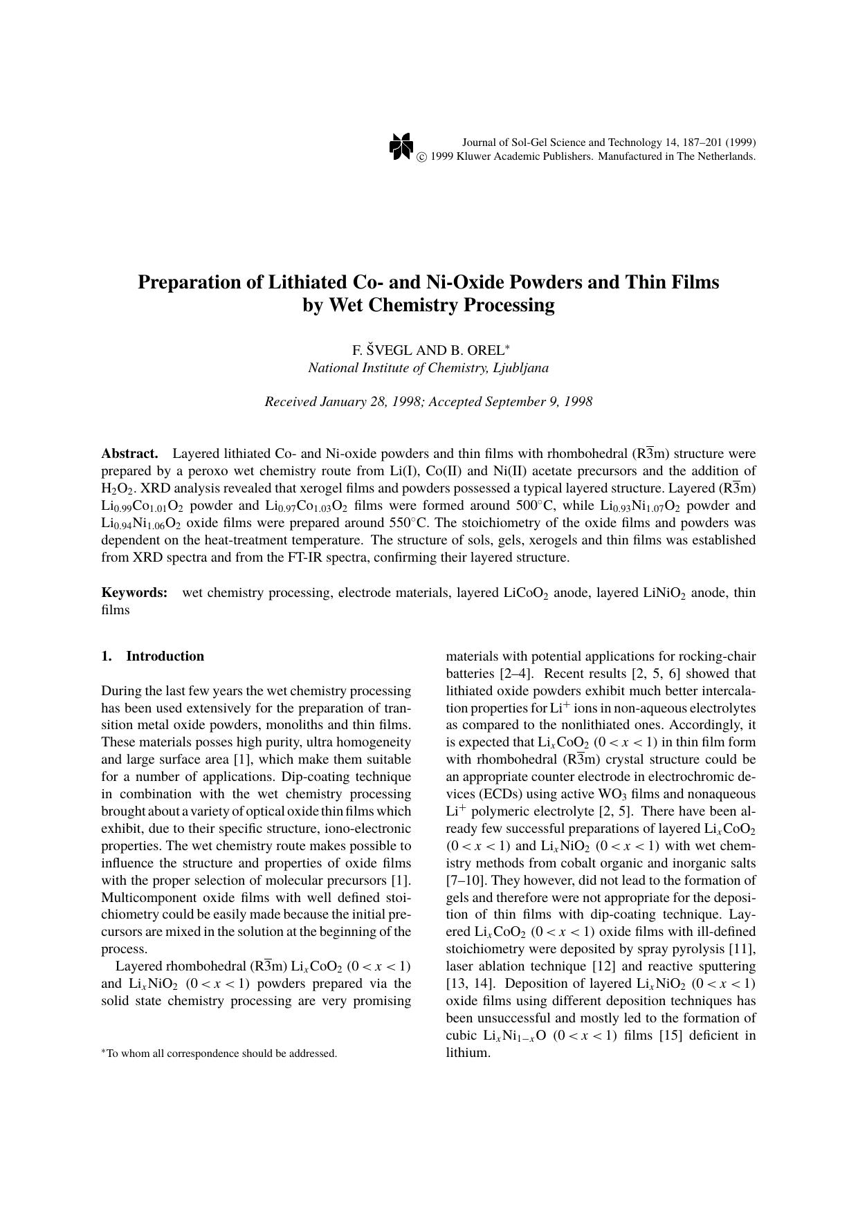 Preparation of Lithiated Co- and Ni-Oxide Powders and Thin Films by Wet Chemistry Processing by Unknown