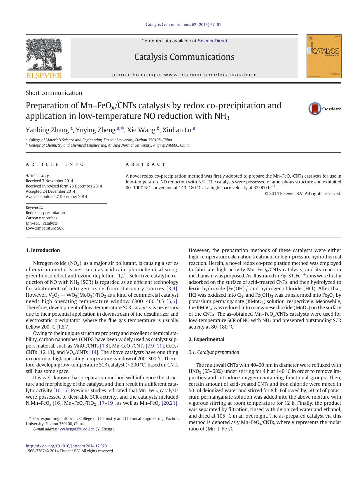 Preparation of MnâFeOxCNTs catalysts by redox co-precipitation and application in low-temperature NO reduction with NH3 by Yanbing Zhang & Yuying Zheng & Xie Wang & Xiulian Lu
