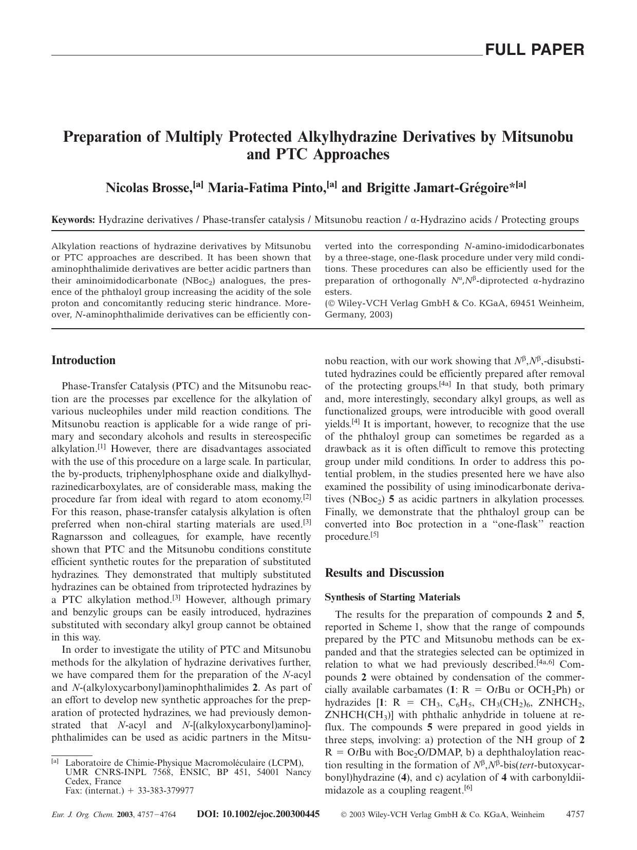 Preparation of Multiply Protected Alkylhydrazine Derivatives by Mitsunobu and PTC Approaches by Unknown