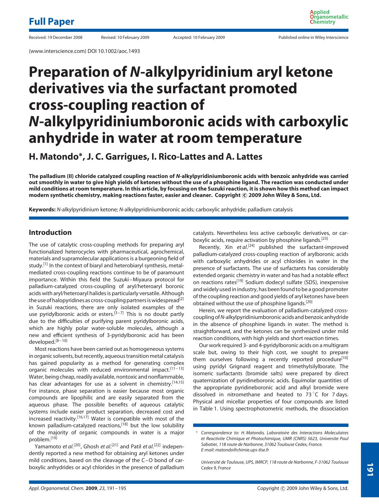 Preparation of N-alkylpyridinium aryl ketone derivatives via the surfactant promoted cross-coupling reaction of N-alkylpyridiniumboronic acids with carboxylic anhydride in water at room temperature by Unknown