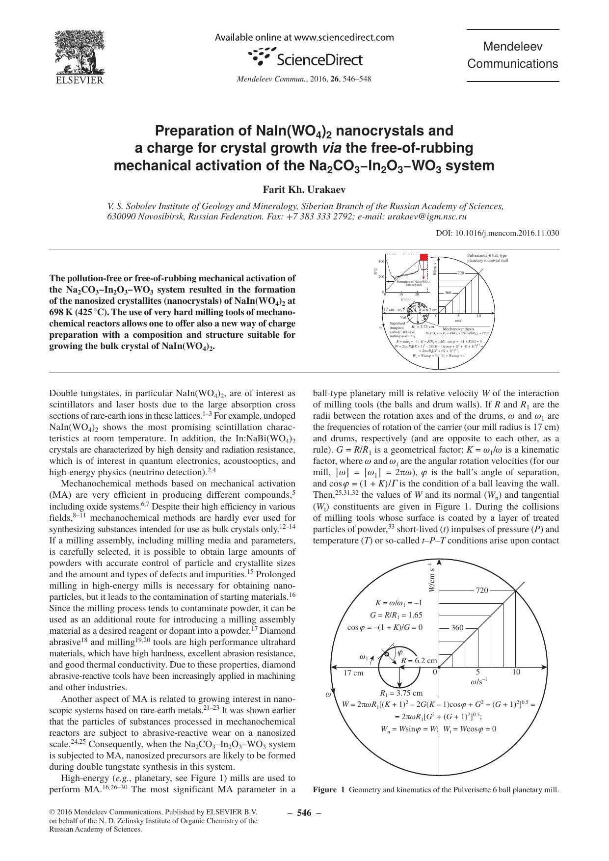 Preparation of NaIn(WO4)2 nanocrystals and a charge for crystal growth via the free-of-rubbing mechanical activation of the Na2CO3âIn2O3âWO3 system by Farit Kh. Urakaev