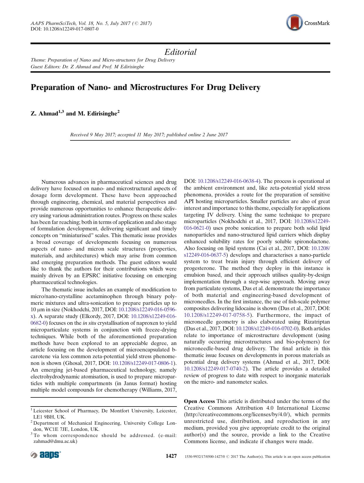 Preparation of Nano- and Microstructures For Drug Delivery by Z. Ahmad & M. Edirisinghe