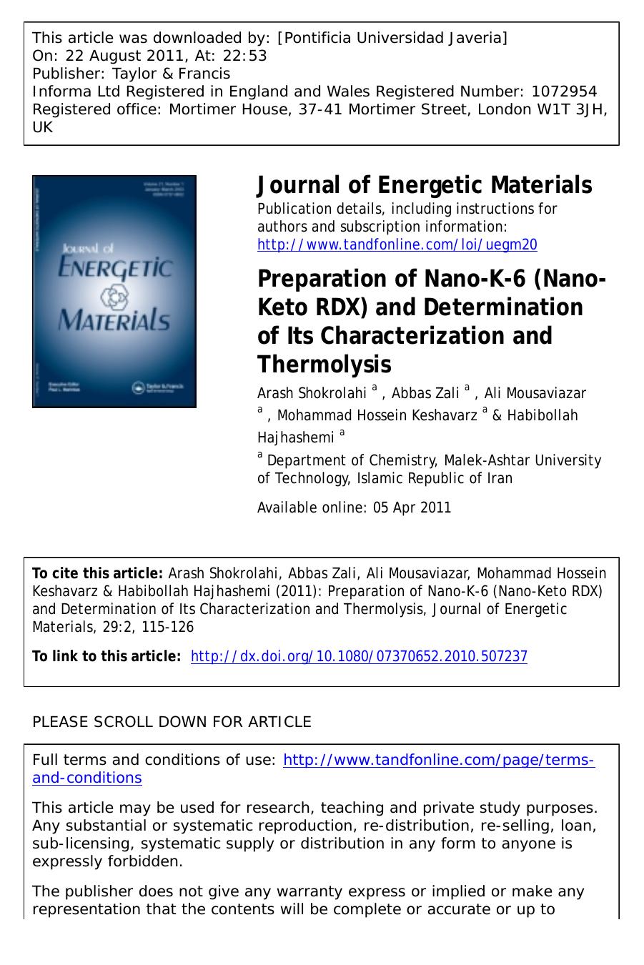 Preparation of Nano-K-6 (Nano-Keto RDX) and Determination of Its Characterization and Thermolysis by unknow