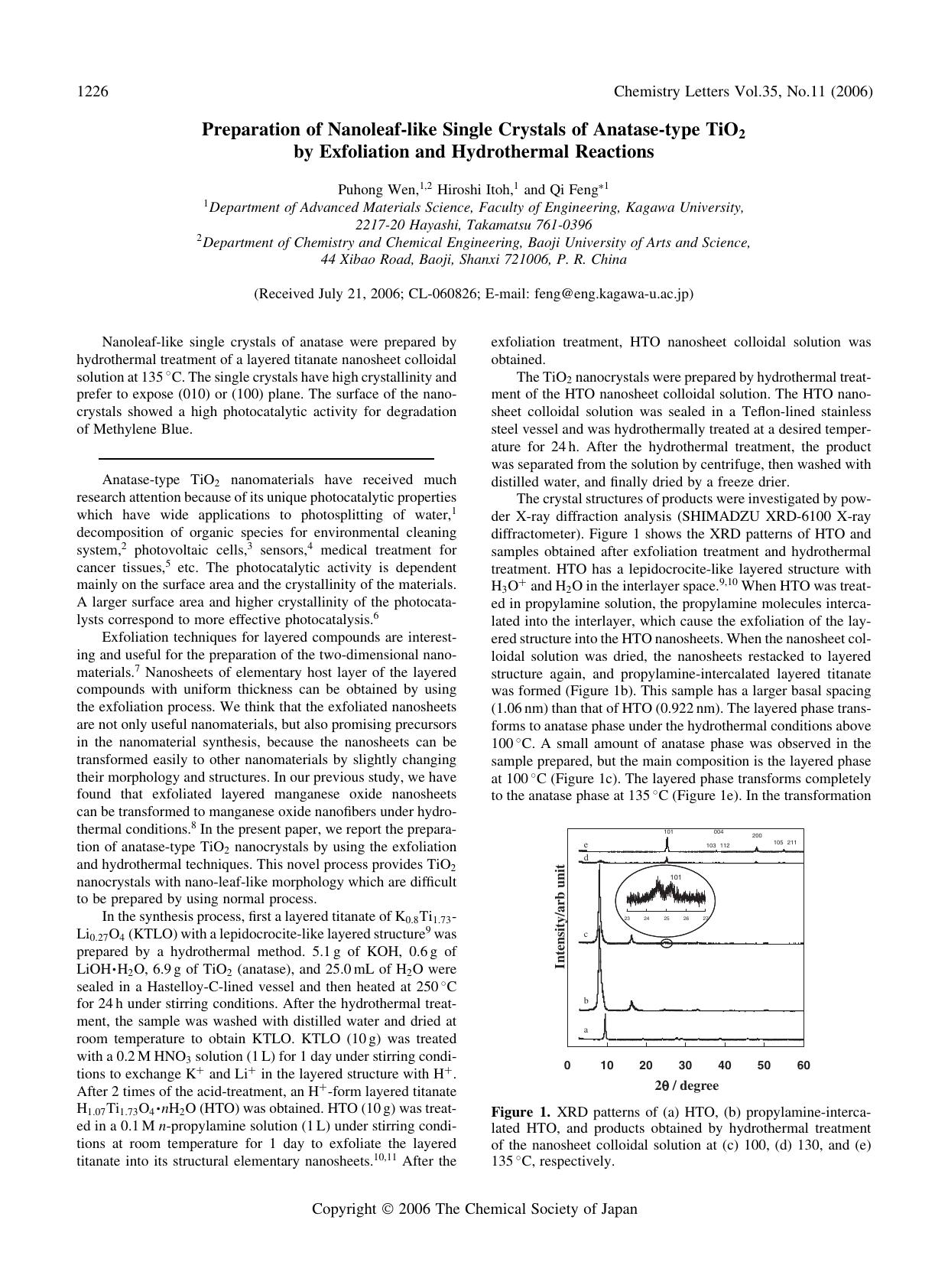 Preparation of Nanoleaf-like Single Crystals of Anatase-type TiO_{2} by Exfoliation and Hydrothermal Reactions by Puhong Wen Hiroshi Itoh and Qi Feng