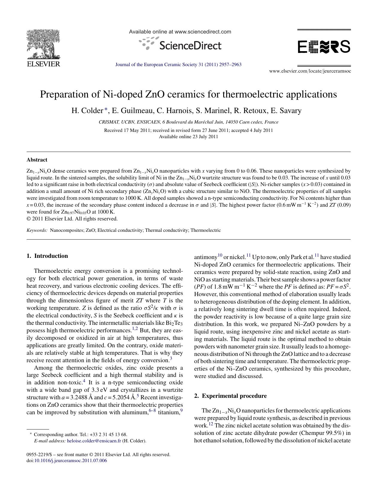 Preparation of Ni-doped ZnO ceramics for thermoelectric applications by H. Colder