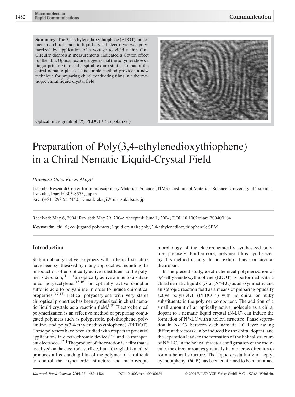 Preparation of Poly(3,4-ethylenedioxythiophene) in a Chiral Nematic Liquid-Crystal Field by Unknown
