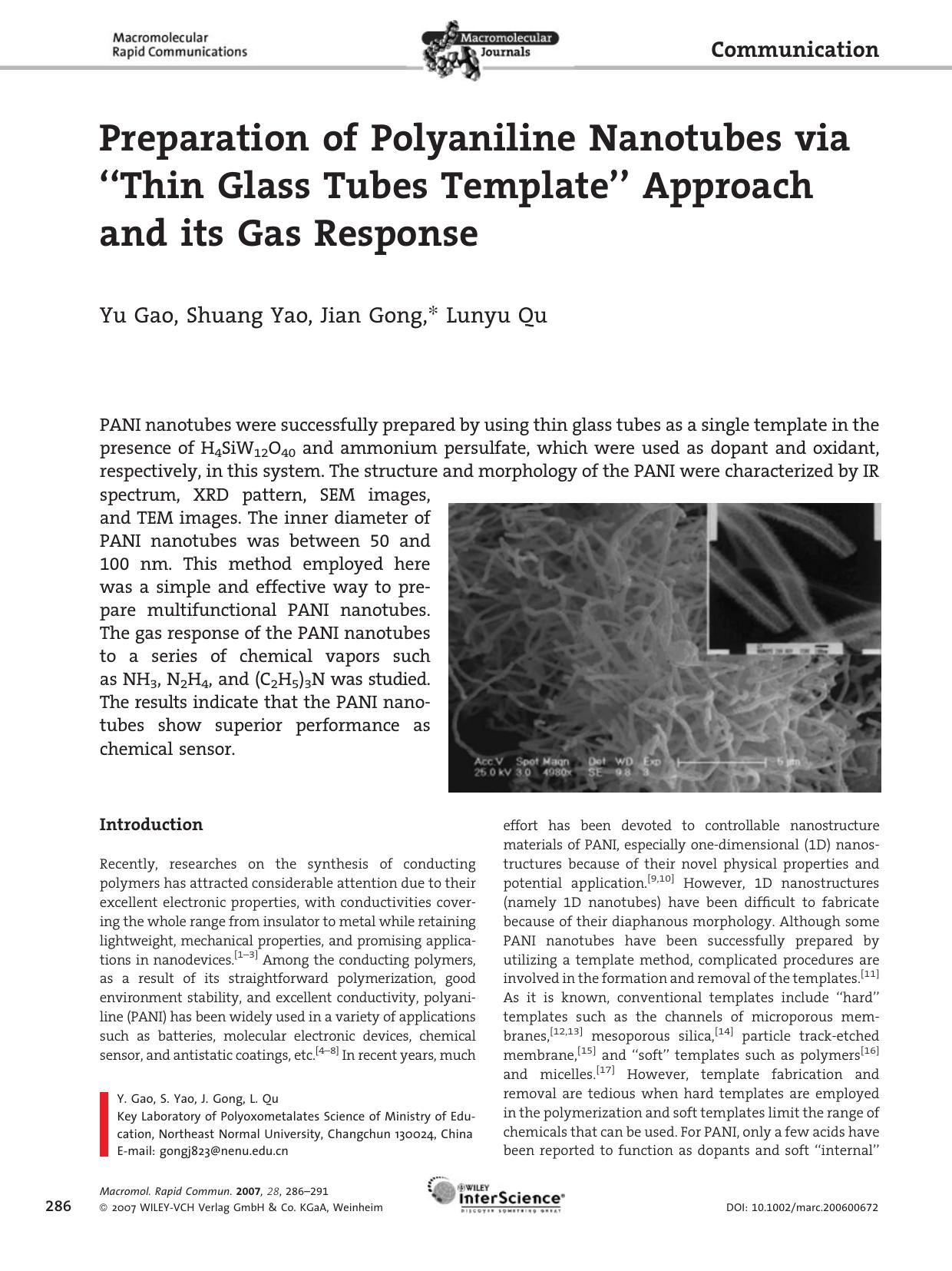 Preparation of Polyaniline Nanotubes via "Thin Glass Tubes Template" Approach and its Gas Response by Unknown