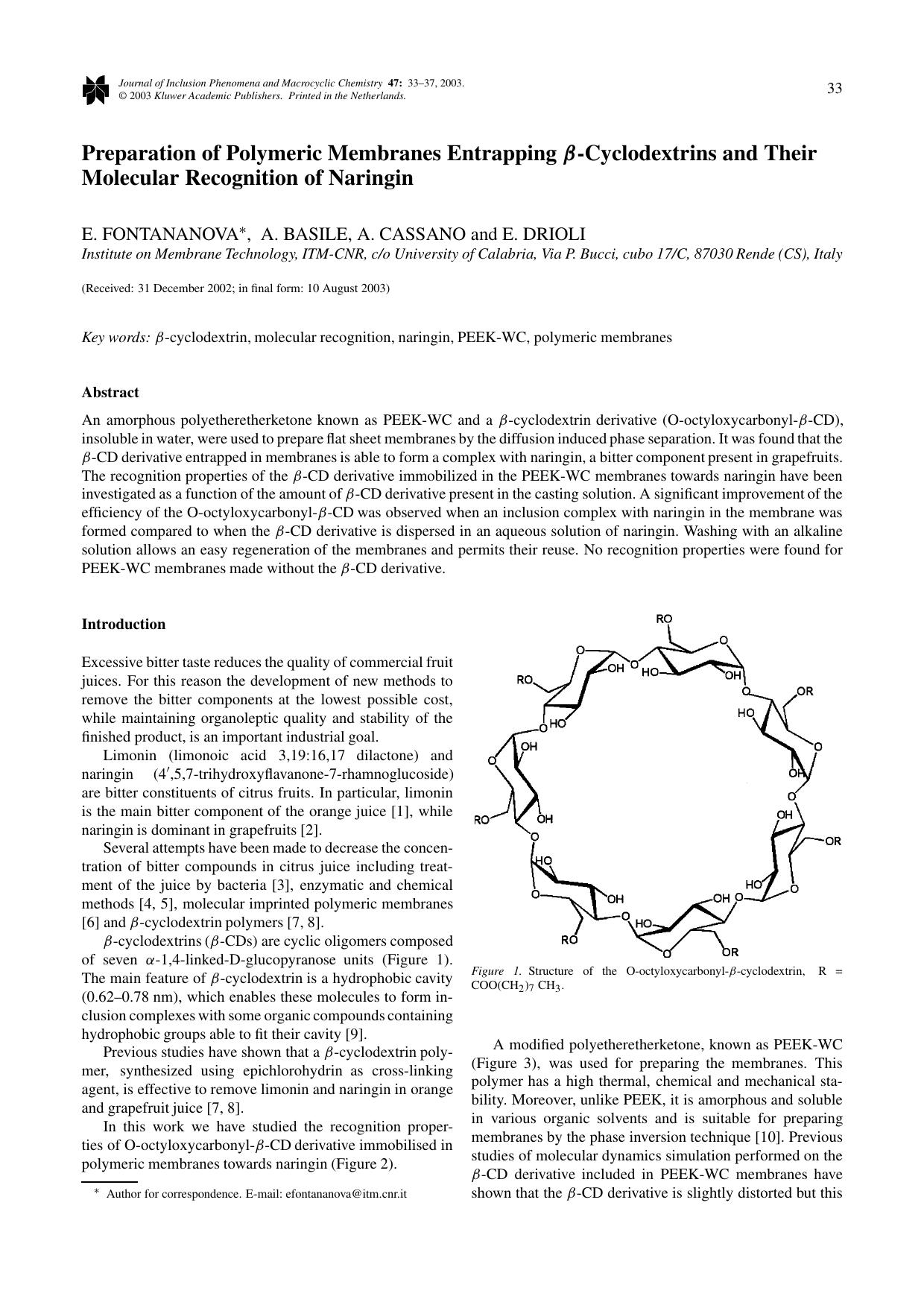 Preparation of Polymeric Membranes Entrapping <Emphasis Type="Bold">&#x03B2;<Emphasis>-Cyclodextrins and Their Molecular Recognition of Naringin by Unknown