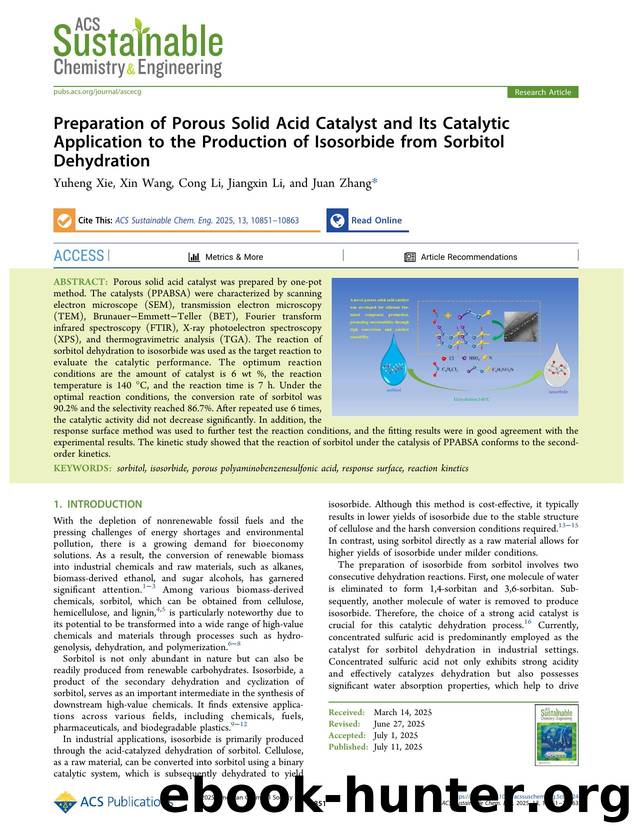 Preparation of Porous Solid Acid Catalyst and Its Catalytic Application to the Production of Isosorbide from Sorbitol Dehydration by Yuheng Xie Xin Wang Cong Li Jiangxin Li and Juan Zhang