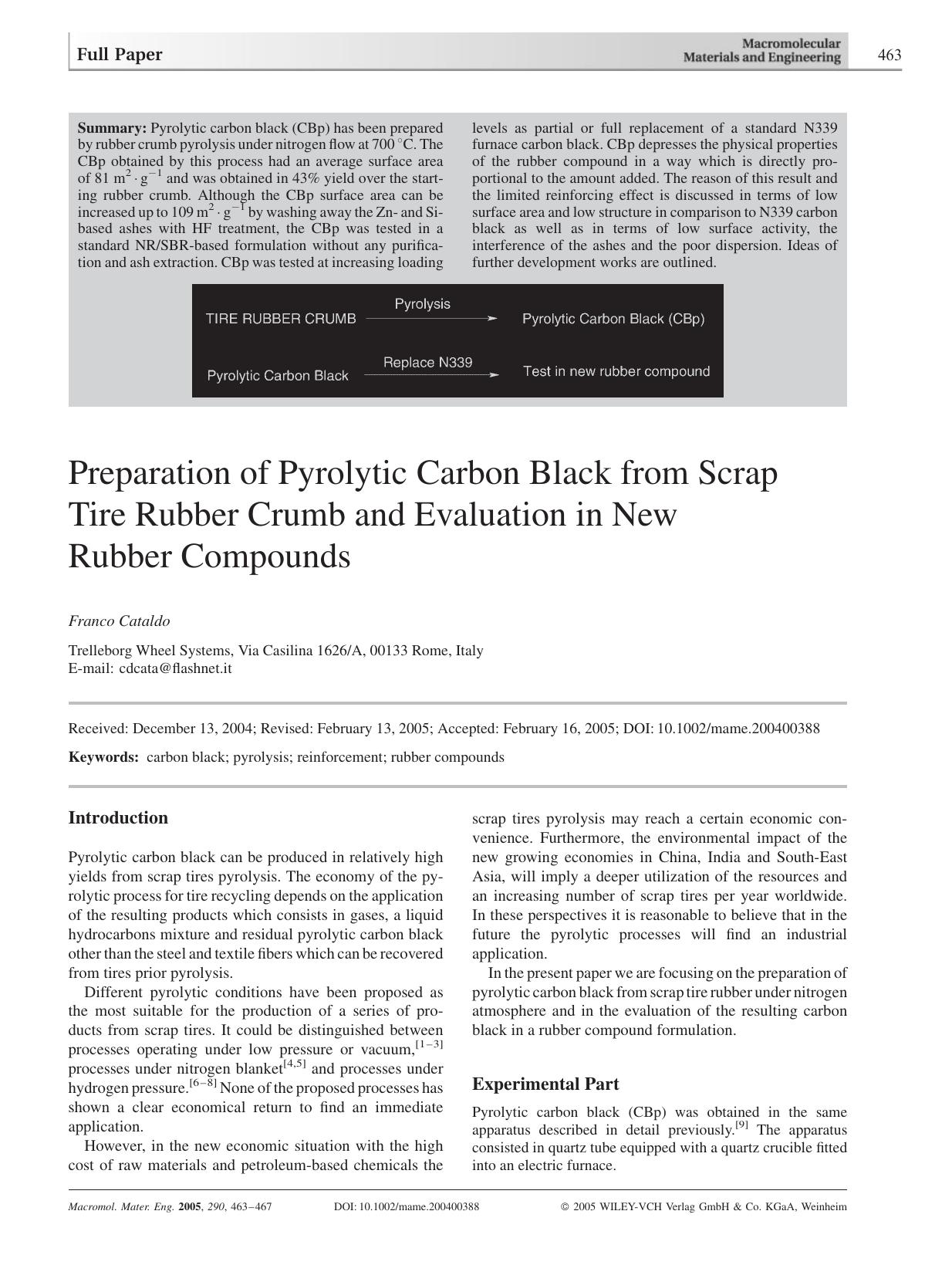 Preparation of Pyrolytic Carbon Black from Scrap Tire Rubber Crumb and Evaluation in New Rubber Compounds by Unknown