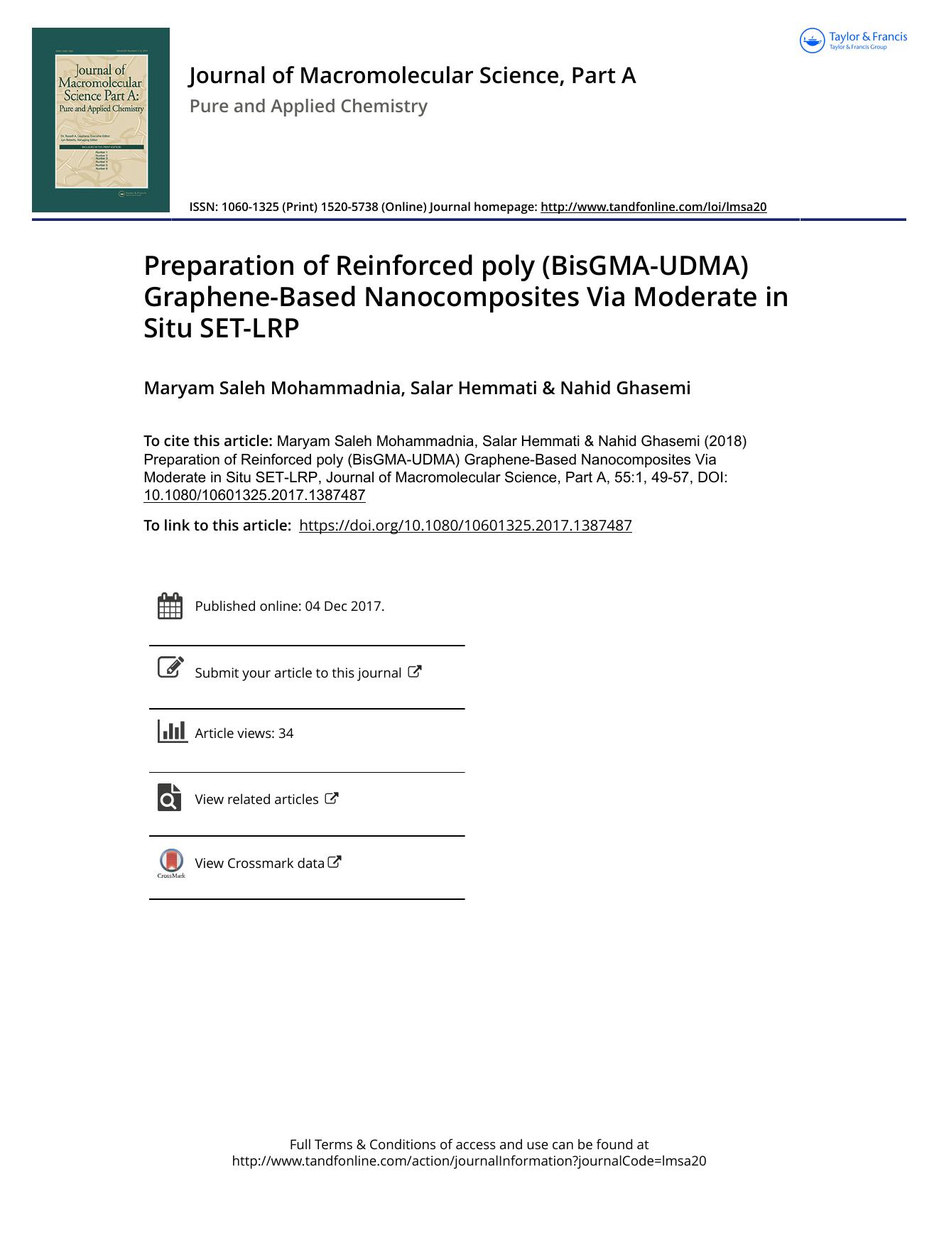 Preparation of Reinforced poly \(BisGMA-UDMA\) Graphene-Based Nanocomposites Via Moderate in Situ SET-LRP by Maryam Saleh Mohammadnia & Salar hemmati & Nahid Ghasemi