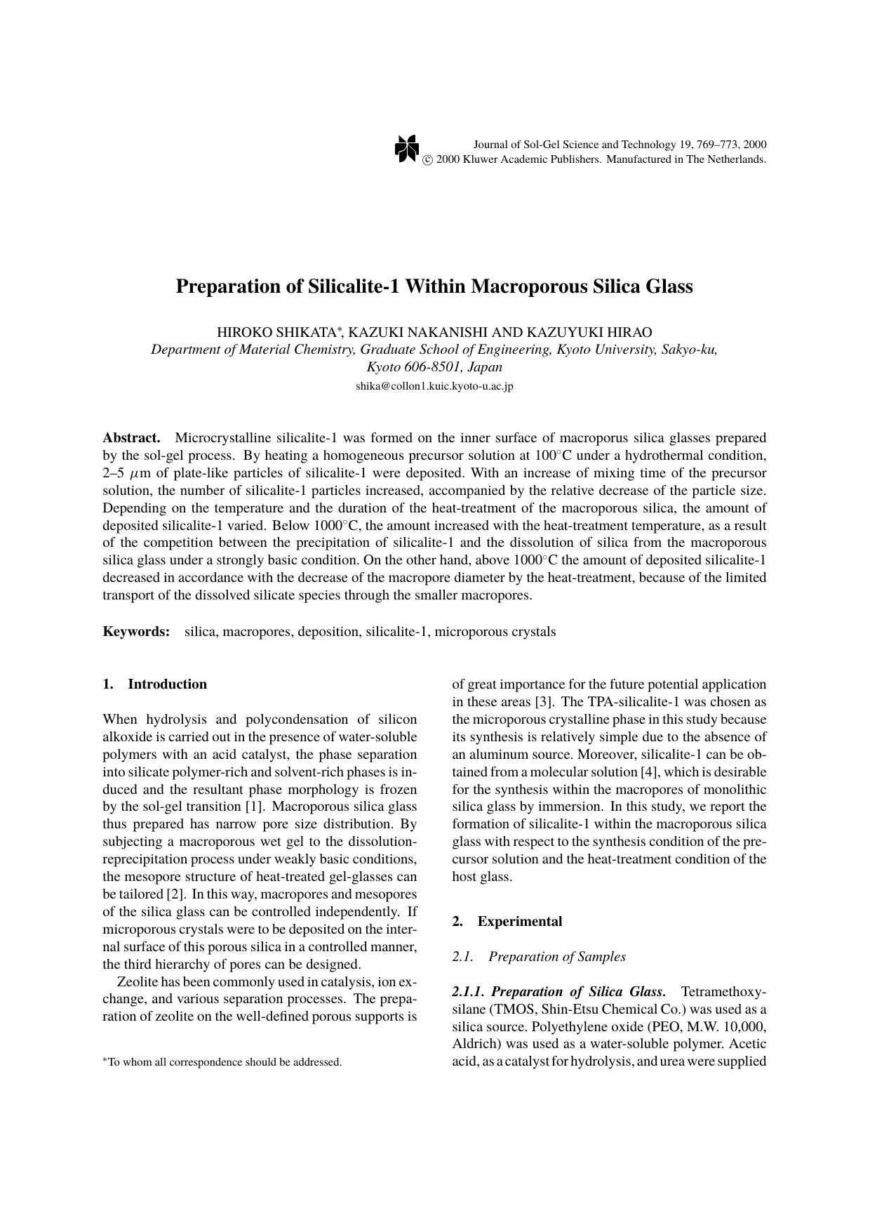 Preparation of Silicalite-1 Within Macroporous Silica Glass by Unknown