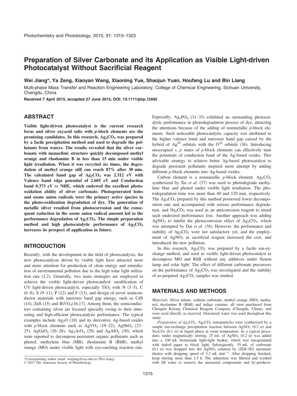 Preparation of Silver Carbonate and its Application as Visible Light&#x2010;driven Photocatalyst Without Sacrificial Reagent by Unknown