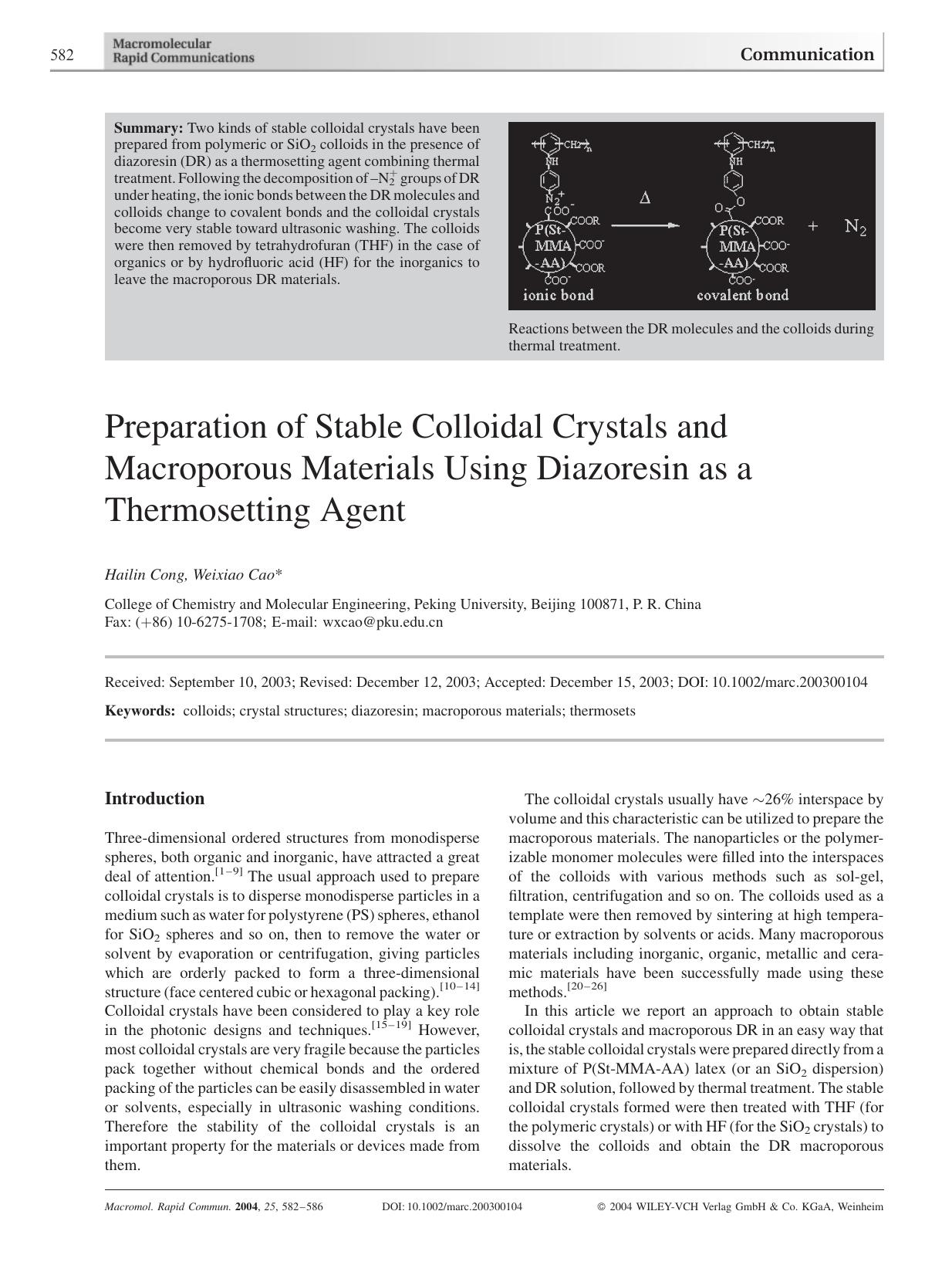 Preparation of Stable Colloidal Crystals and Macroporous Materials Using Diazoresin as a Thermosetting Agent by Unknown