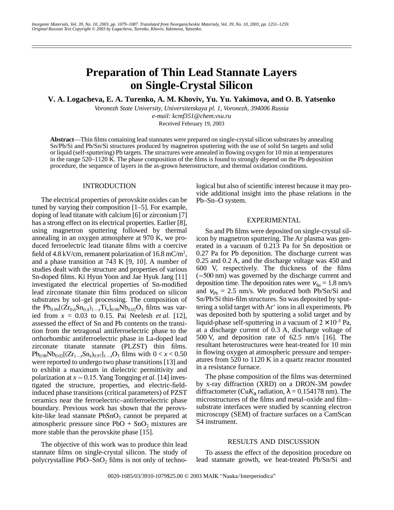 Preparation of Thin Lead Stannate Layers on Single-Crystal Silicon by Unknown