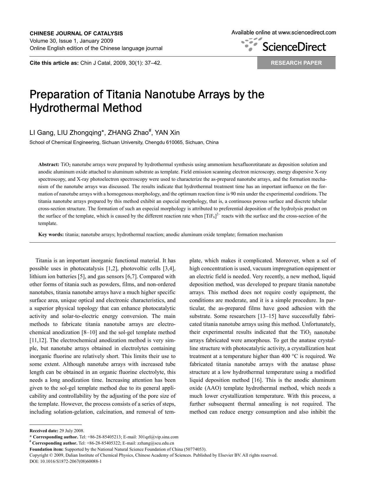 Preparation of Titania Nanotube Arrays by the Hydrothermal Method by Gang LI; Zhongqing LIU; Zhao ZHANG; Xin YAN