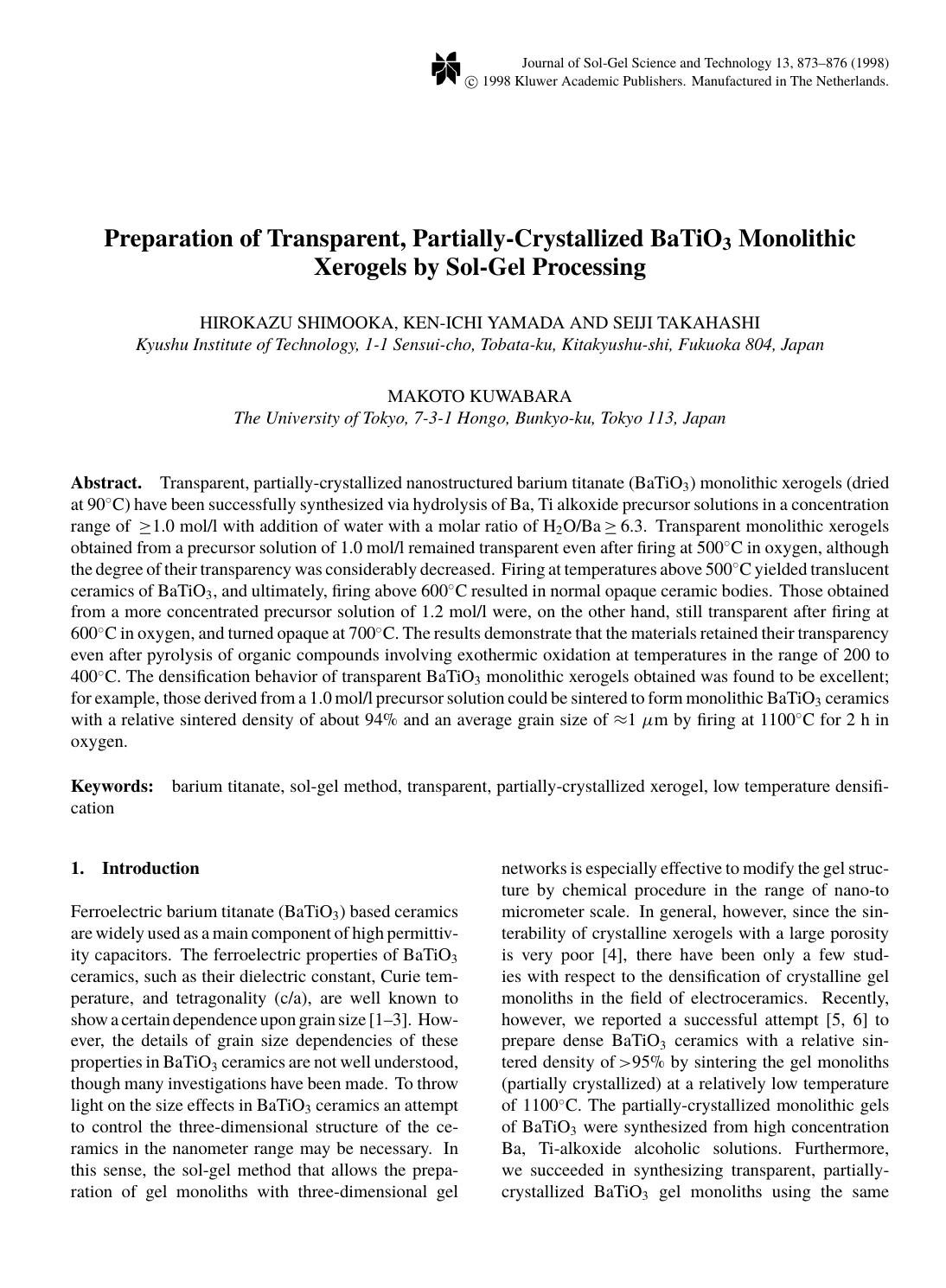 Preparation of Transparent, Partially-Crystallized BaTiO3 Monolithic Xerogels by Sol-Gel Processing by Unknown