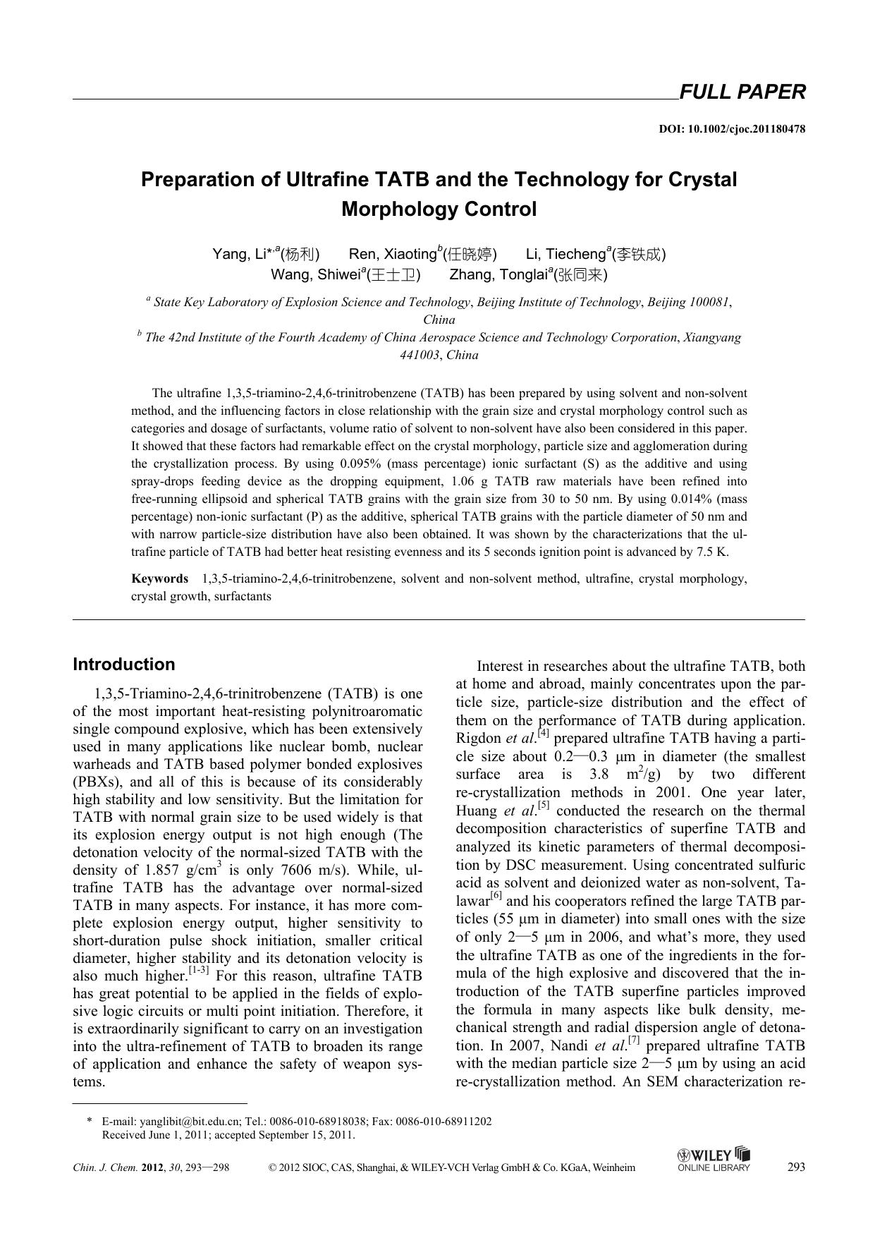 Preparation of Ultrafine TATB and the Technology for Crystal Morphology Control by uy