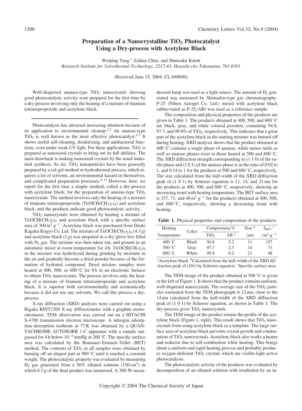 Preparation of a Nanocrystalline TiO_{2} Photocatalyst Using a Dry-process with Acetylene Black by Weiping Tang Zaihua Chen and Shunsaku Katoh