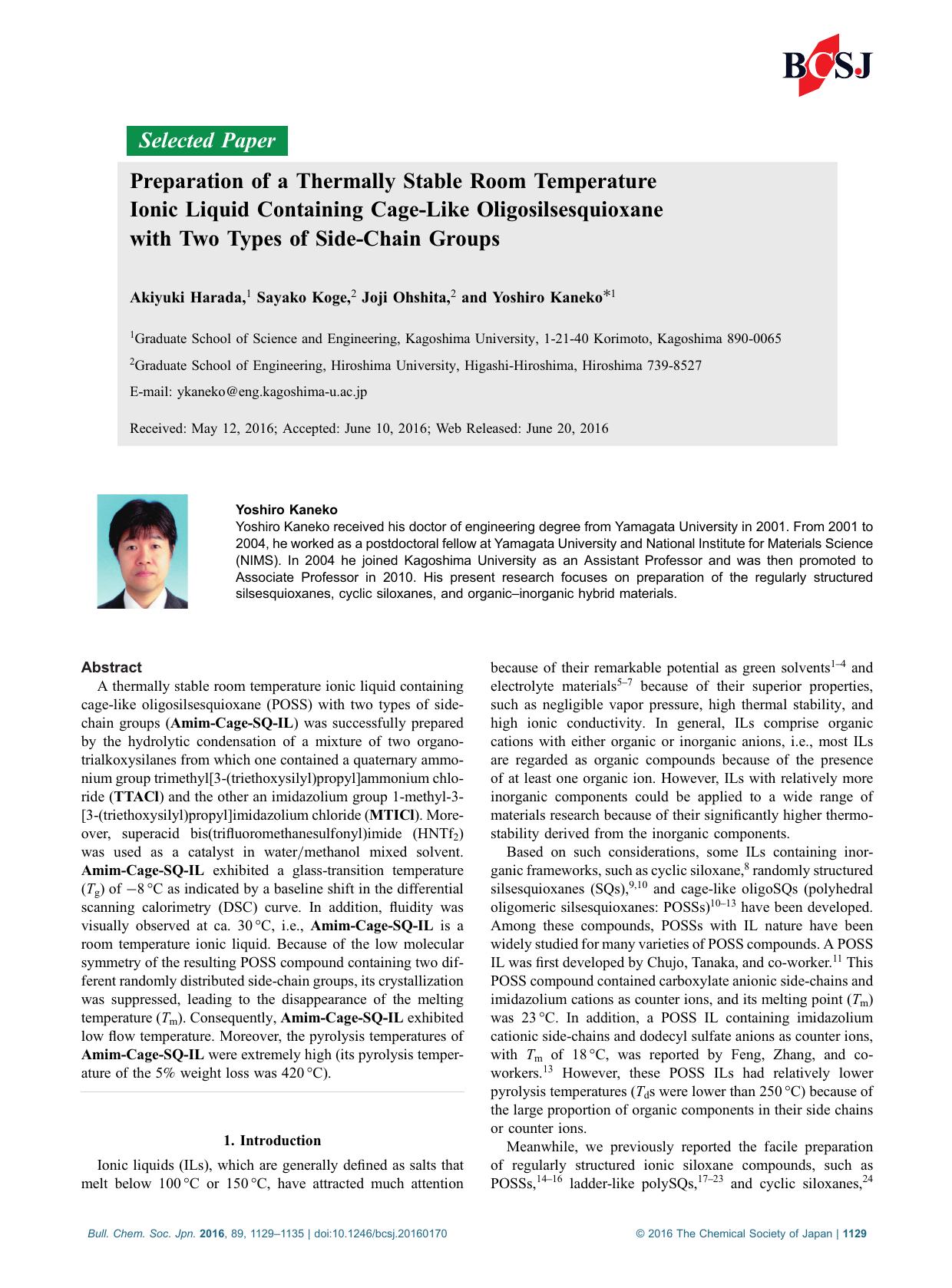 Preparation of a Thermally Stable Room Temperature Ionic Liquid Containing Cage-Like Oligosilsesquioxane with Two Types of Side-Chain Groups by Unknown